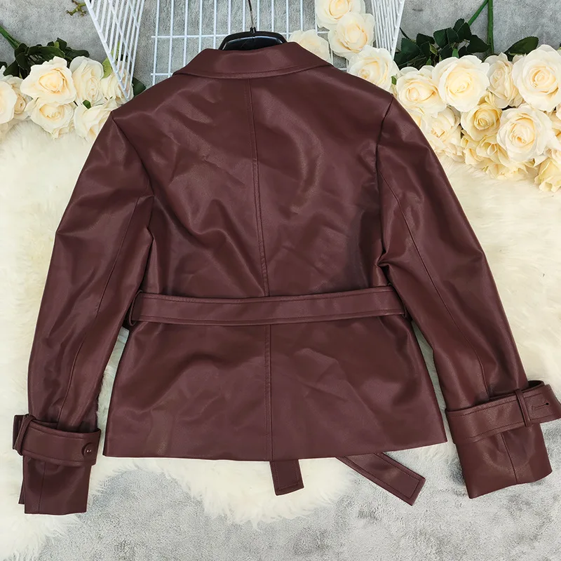 Retro PU Leather Lapel Short Jacket Women Autumn 2025 Shoulder Waist-cinching Brown Jackets with Belt Female Street Outwear