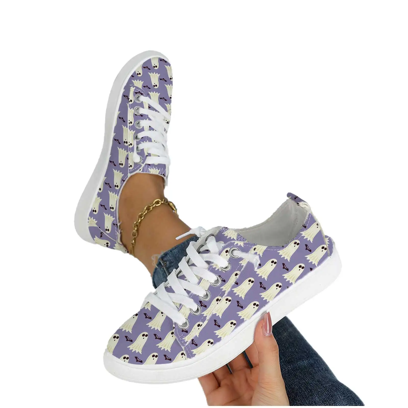 Women's Casual Sneakers, Ghost Bat Print, Soft Sole Lace‑up Round Toe for Festival Outdoor Shopping Walking