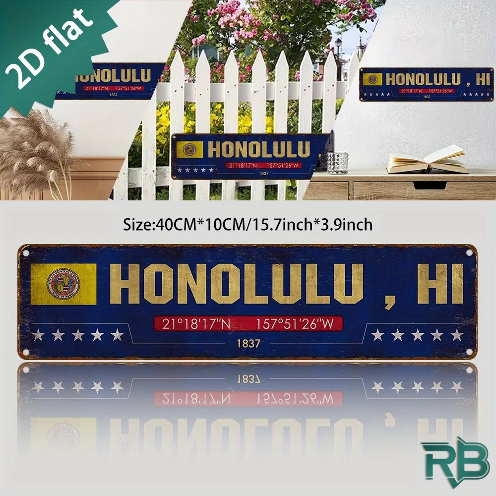 2D Flat, 1pc Vintage Hawaiian Honolulu Hawaii Metal Sign - for Indoor/Outdoor Home, Cafe & Restaurant Decor - Durable Hawaiian
