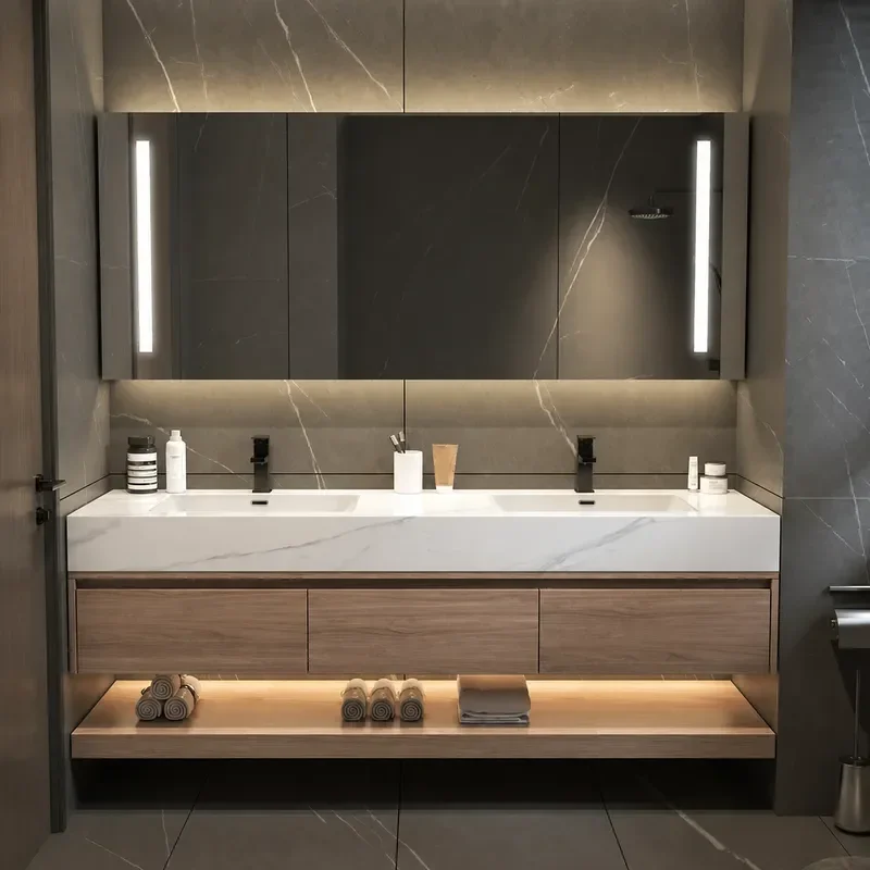 A9L Custom Rock Slab Integrated Basin Bathroom Cabinet Combination Luxury Washbasin Vanity Unit with Storage Hand Cabinet