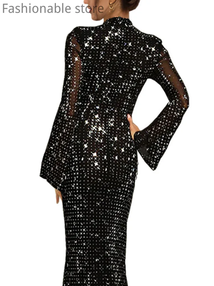 Women's Sexy Solid Color Sheer Mesh Flare Sleeve Rhinestone Decor Floor-length Party Dress