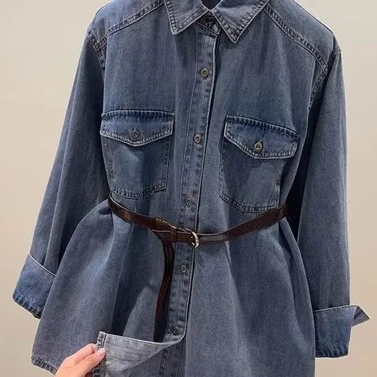 Nieuw lenteontwerp Lange mouw Middellange en lange losse top Shirtjas Temperament Woon-werkverkeer Conventionele jas Denim Retro overhemd