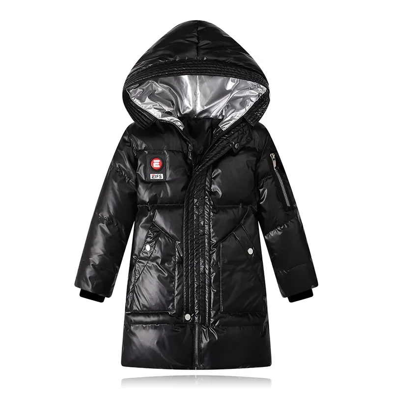 Kids Boys Girls Long Loose Thick White Duck Down Blue,Black Baby Coat, Teenagers Hooded Padded Jacket Clothes Winter