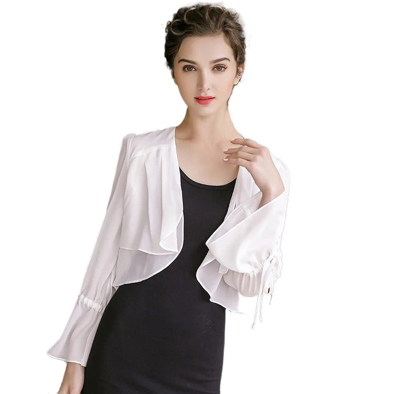 2024 Summer Women Chiffon Short Cardigan Tops Two Layers Ruffles Blouse Solid Color Shirts Female Elegant Tops Short cardigan 