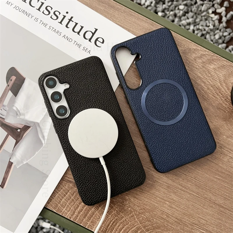 Wireless Charging Cover Leather Phone Case for Samsung S25 Edge S24 Ultra S23 Plus A07 A16 A26 A36 A56 5G TPU Protective Case