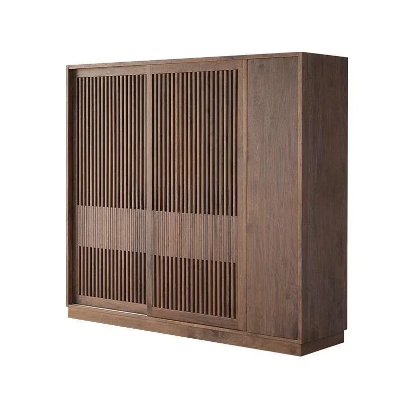 Nordic Japanese-style all-solid wood grille sliding door wardrobe simple modern wood wax oil black walnut oak wardrobe