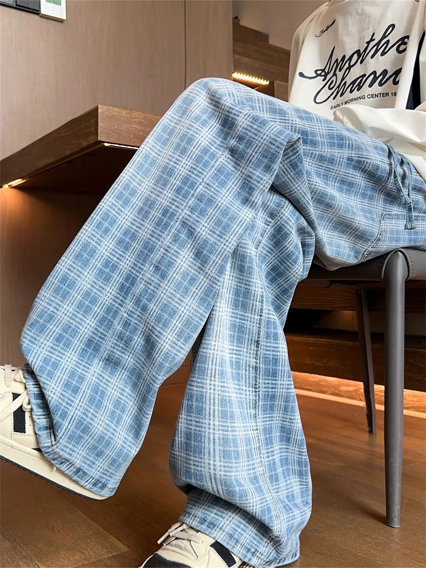 

Blue Plaid Men's Jeans High Street Vibe Loose Straight Corduroy Wide Leg Pants Youth Fashion Casual Washed Denim Trousers