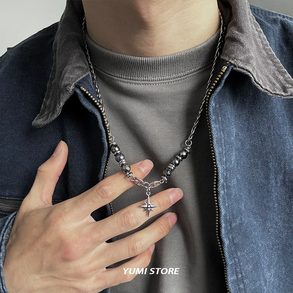 Titanium Steel Obsidian Star Necklace for Man Punk Bead Clavicle Chain Luxury Pendant Jewelry Hip-hop Accessories Wholesale