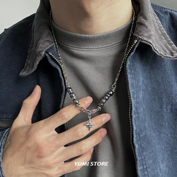 Titanium Steel Obsidian Star Necklace for Man Punk Bead Clavicle Chain Luxury Pendant Jewelry Hip-hop Accessories Wholesale