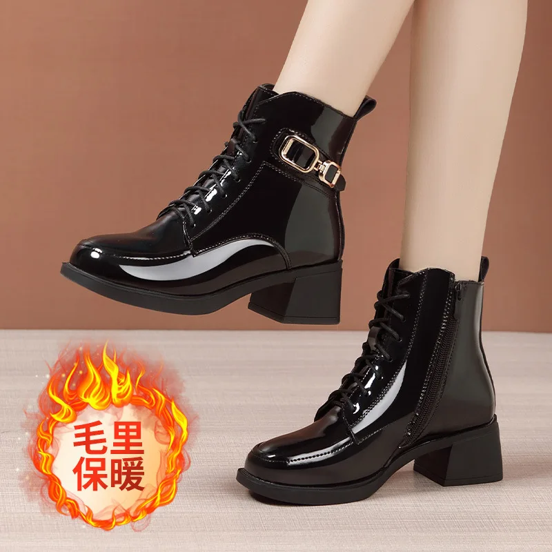 

34-42 New British Style Plush Women's High Boots for Woman Platform Shoe Autumn 2025 Women's Fashion Patent Leather Winter Boots