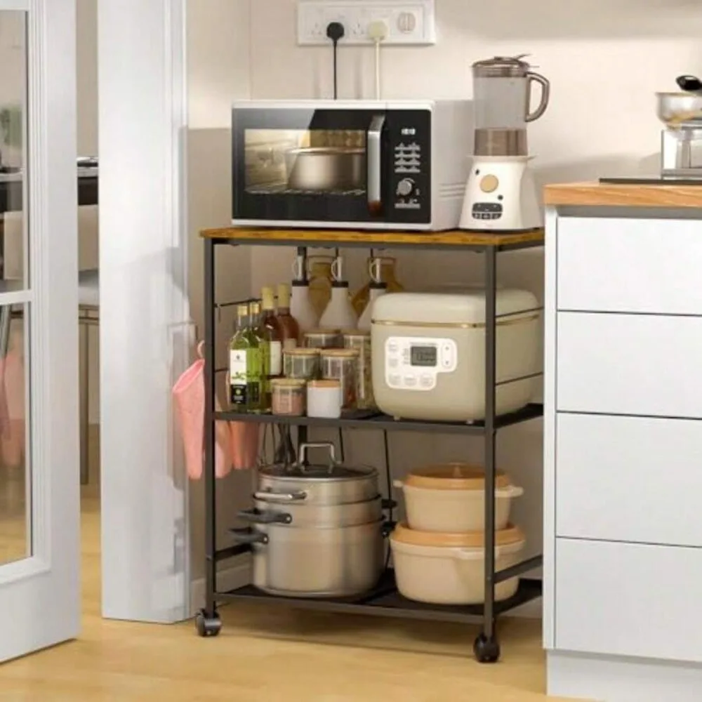Rolling Kitchen Microwave Cart 3 Tier Microwave Table Stand With Storage Shelves, Lockable Wheels Mobile Utility Cart, Small Coffee Cart Shelf Rack Organizer For Living Room Office Balcony, Sturdy Metal Frame view 4