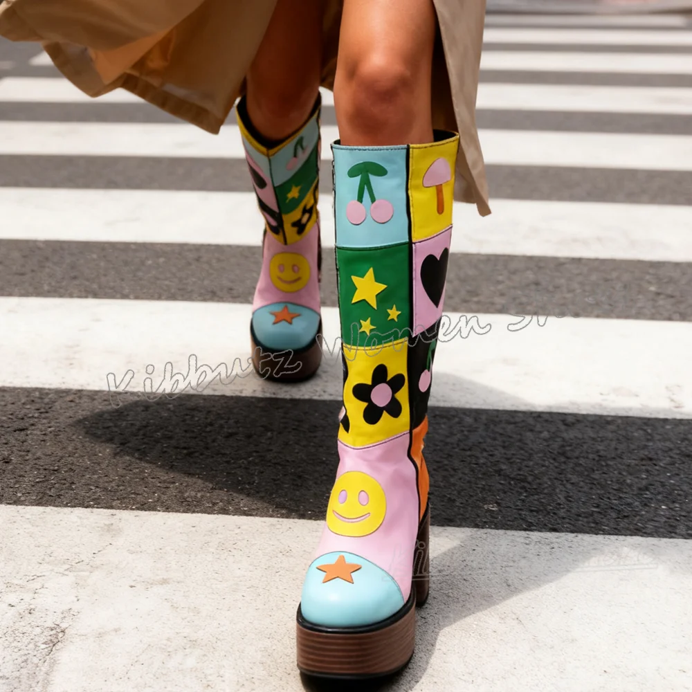 Flower Platform Knee High Boot Patchwork Mixed Color Round Toe Chunky Heel Zipper Leather Fashion Novelty Sexy Elegant Shoes New - view 6