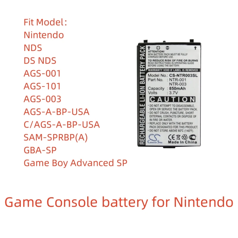 CS Li-ion Game Console battery for Nintendo,3.7V,850mAh,DS NDS,AGS-001,SAM-SPRBP(A),GBA-SP,Game Boy Advanced SP