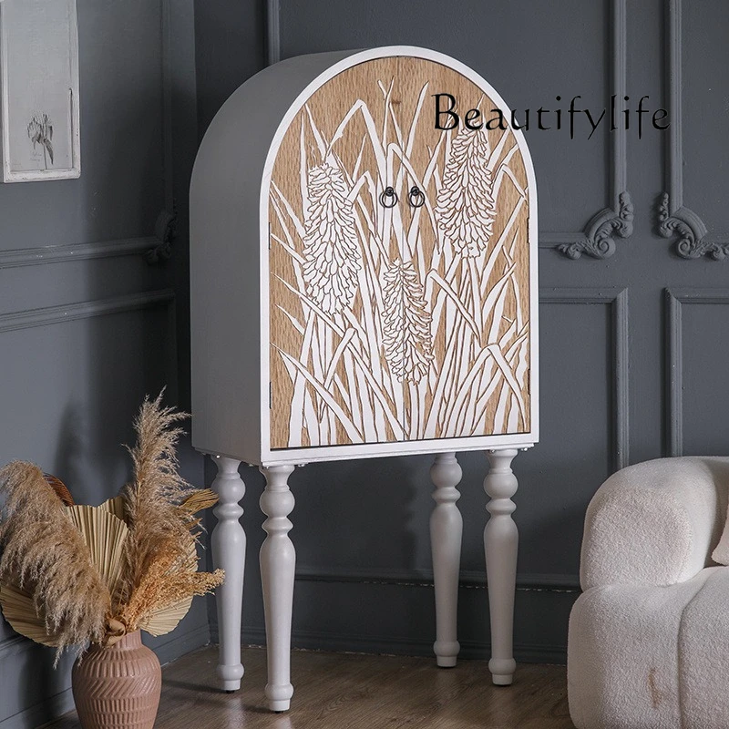 

Medieval creative solid wood carving flower tall decorative cabinet exhibition dining side cabinet retro home arched cabinet