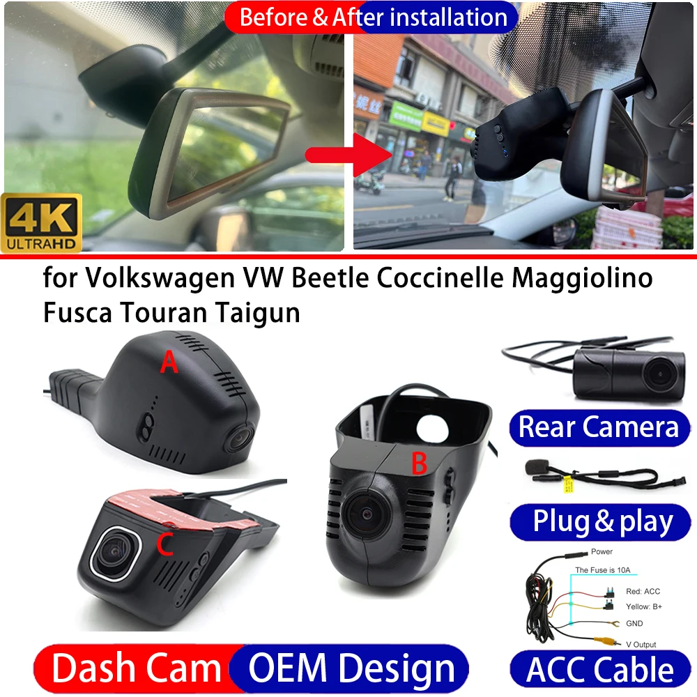 Cámara para Auto Volkswagen VW Beetle Coccinelle Maggiolino Fusca Touran Taigun, Grabadora de Conducción DVR 4K UHD, Cámara para Tablero
