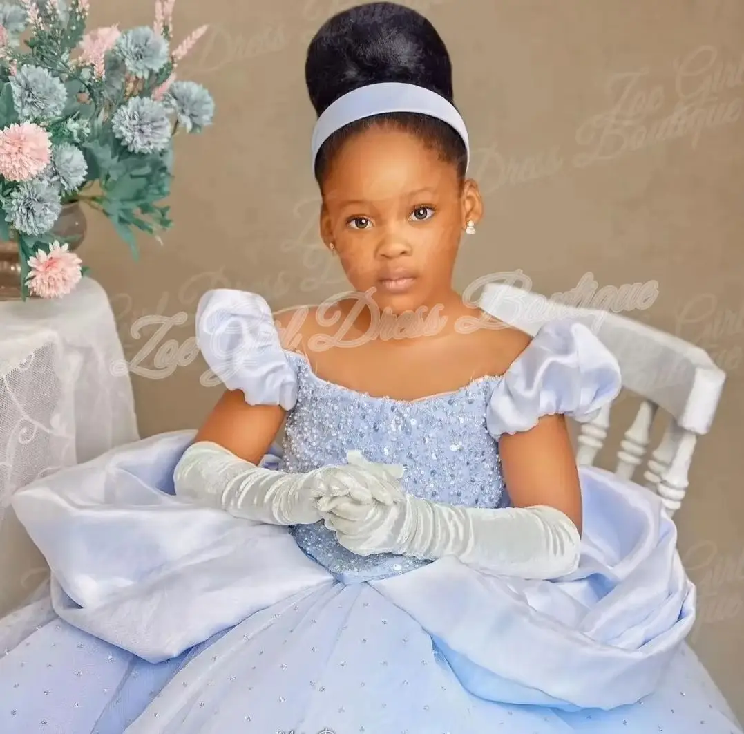 Blue Tulle Girl Birthday Party Gowns Flower Girl Dresses For Wedding Puff Short Sleeve Floor Length Communion Dresses Customized