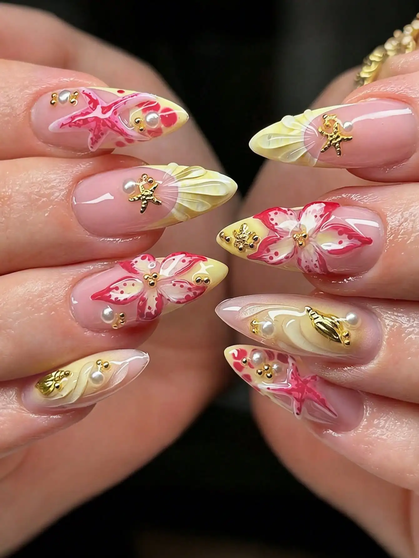 

10pcs Pink Mermaid, Fish & Butterfly 3D Nail Art Stickers, Full Coverage Shiny Nail Decals, Suitable For Women & Girls, Size XS/S/M
