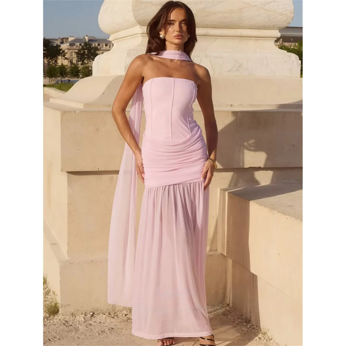 

Pink Chiffon Strapless Long Bespoke Occasion Gown Evening Dresses Pastrol Unisex Jersey Retro Dubai Saudi Arabic Prom Customized