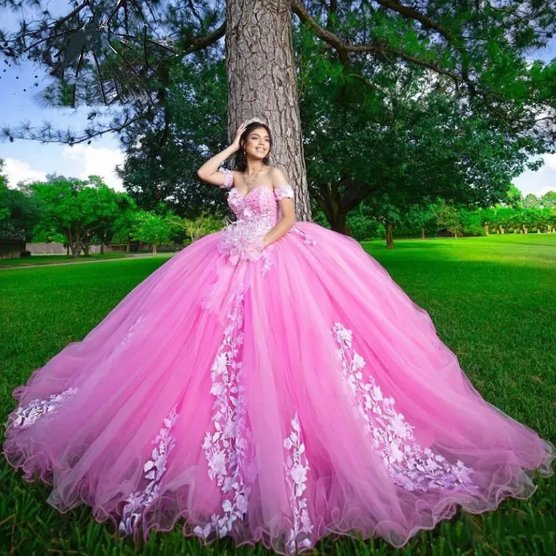 

Rose Pink Women Wedding Dress Tulle Puffy White Appliques Strapless For Bridesmaid Evening Banquet Birthday Ceremonial Gown