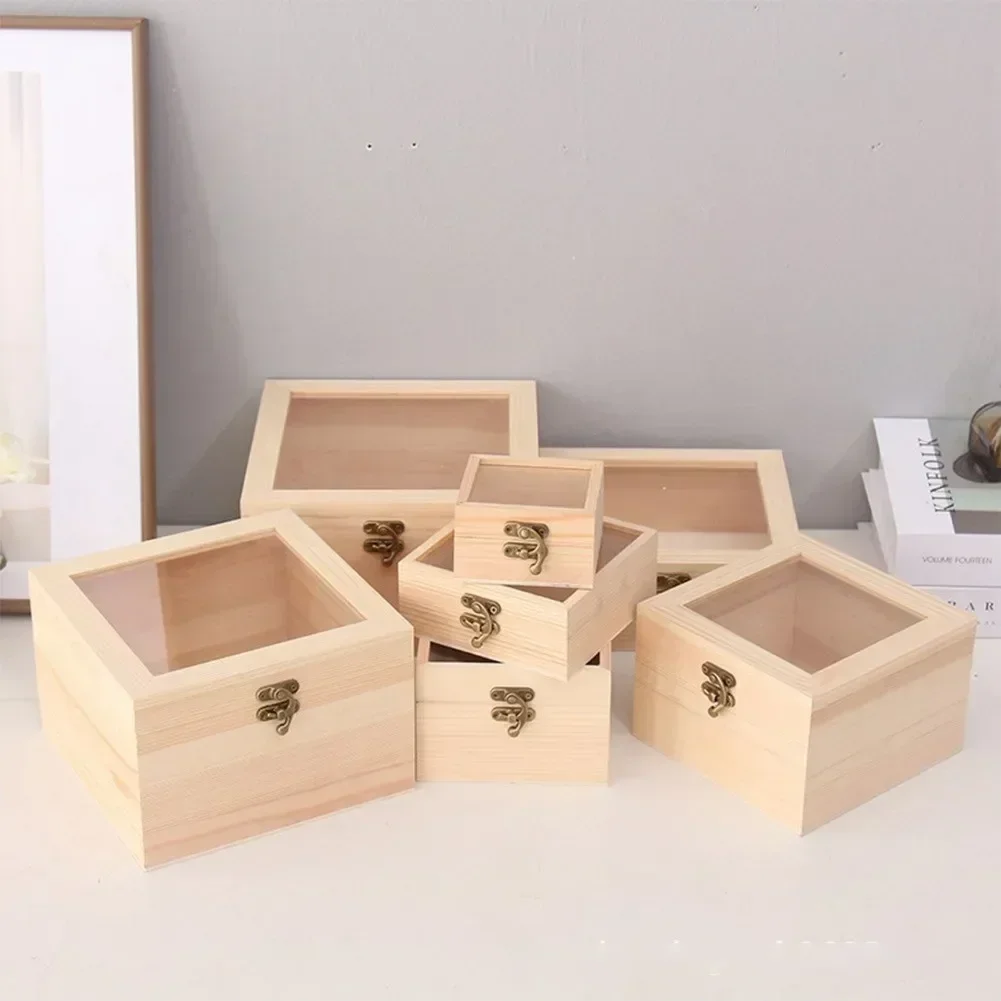 Wooden Storage Box Plain Wood boxes With Clear Lid Multifunction Square Hinged Craft Gift Box Wooden Jewelry Storage organizer