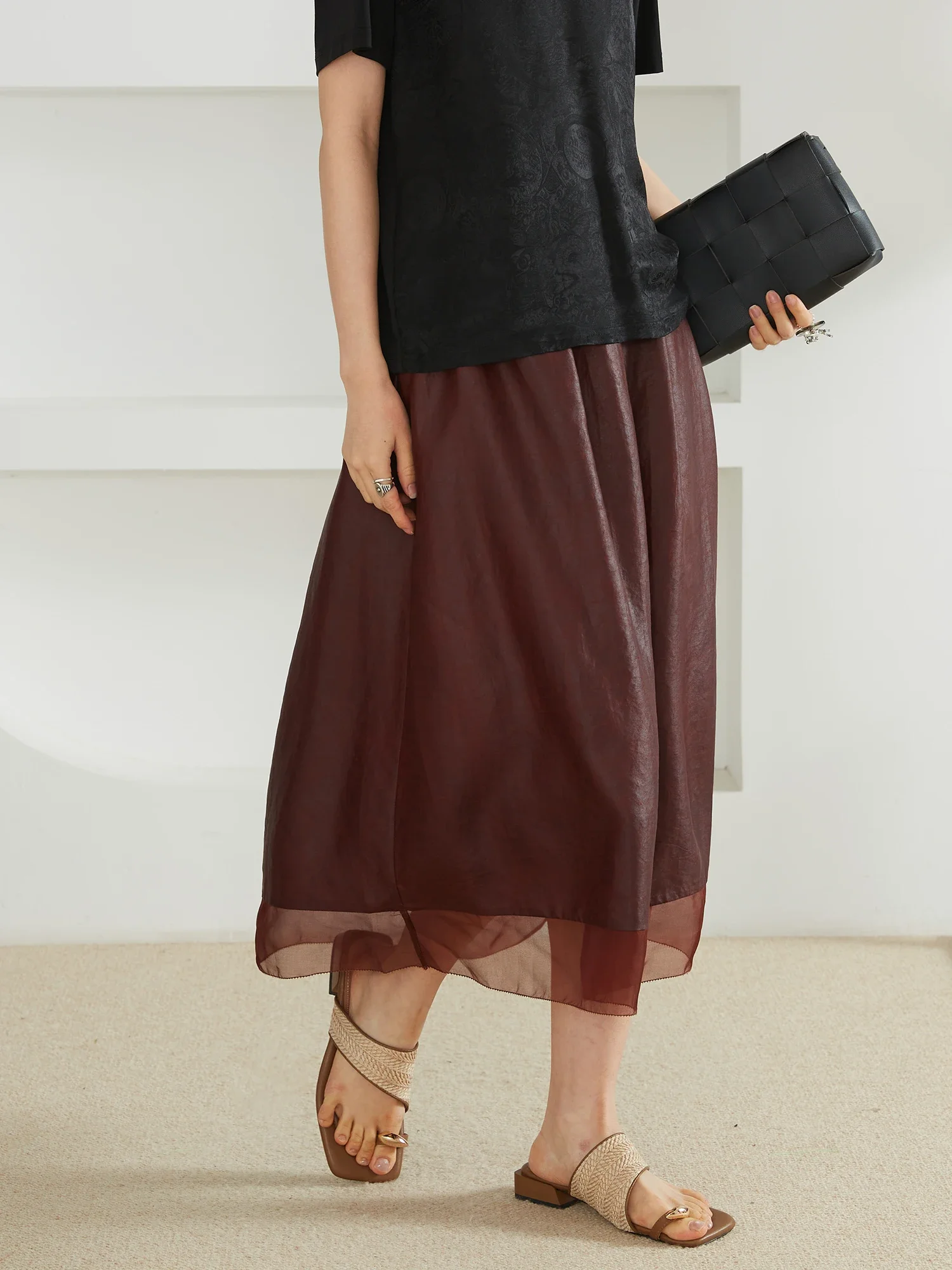 2025年レディースファッション衣料 100%天然桑絹 レッドクラウドヤーン ゴムウエスト 刺繍入り レッドブラウン Aラインスカート