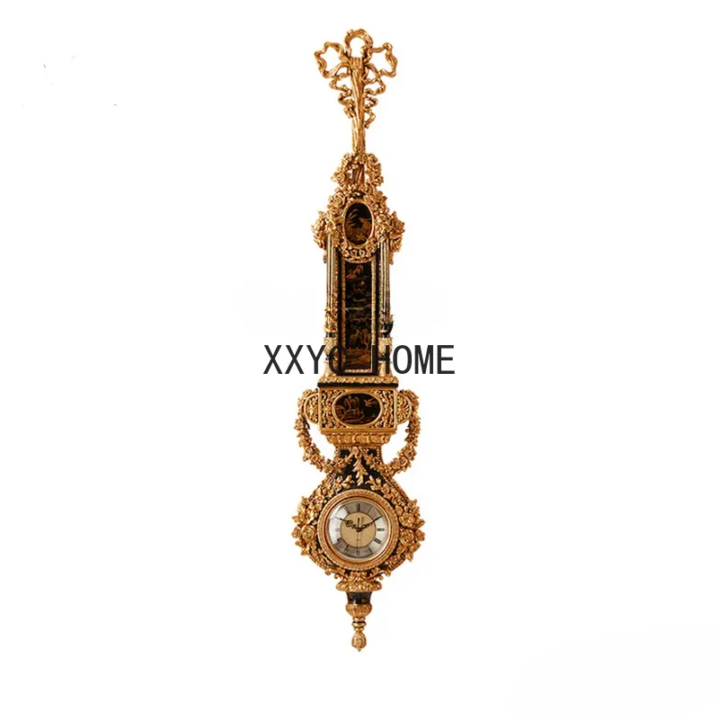French New Chinese Hand-Painted Landscape Black Heavy Industry Long Wall Clock Wall Decorative Clock