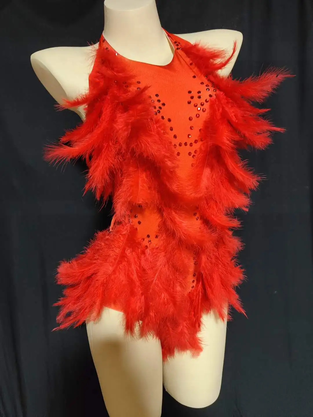 White Rhinestone Bodysuits Women Drag Queen Costumes With Feather Dance Singer Performance Backless Leotard Stunning Stage Wear