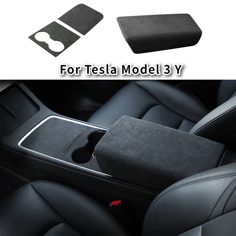 Alcantara Suede for Tesla Model 3 Y Armrest Box Panel Cover Central Control Panel Cup Holder Decorative Stickers Car Accessories