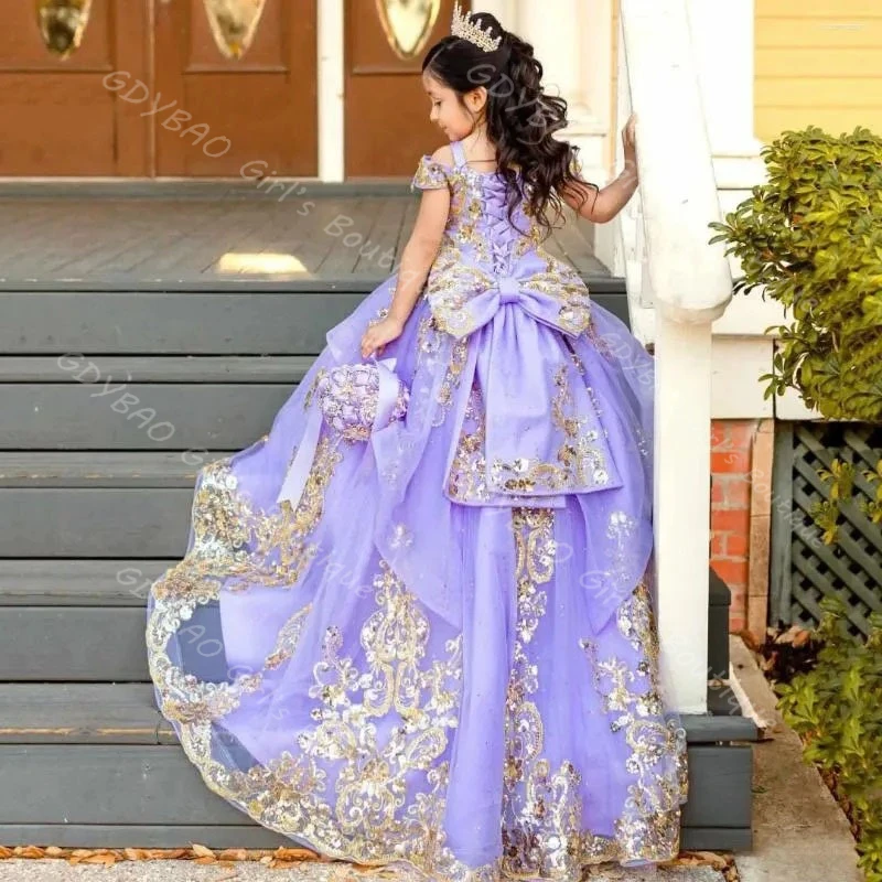 Elegant Flower Girl Dress With Bow Gold Appliques Drop Shoulder Princess Pageant Dress Customized Wedding Birthday Party Gown