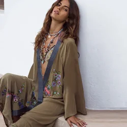 Kimono de manga comprida com bordados de flores para mulheres, roupas de praia, estilo vintage, verde do exército, capa exterior, 2024
