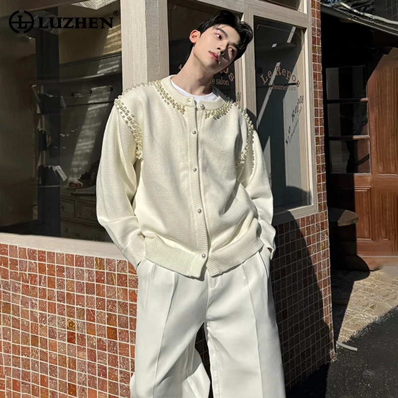 

LUZHEN 2025 New Elegant Handsome Pearl Decorate Patchwork Casual Jacket Men's High Quality Solid Color Round Neck Coat JY5390