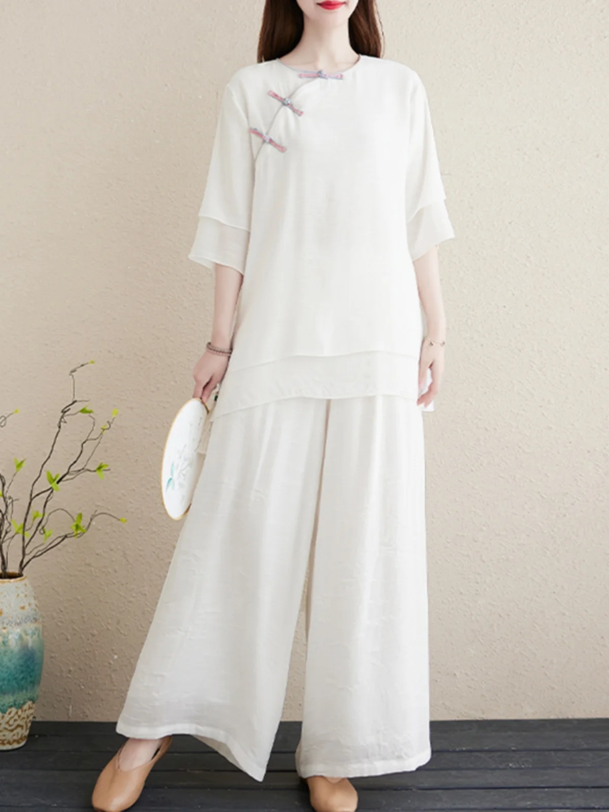 الرجعية القطن الكتان ملابس اليوغا زن دراسة البدلة المرأة الصيف خمر زر الجانب S Zen Sle Layette قطعتين مجموعة #1