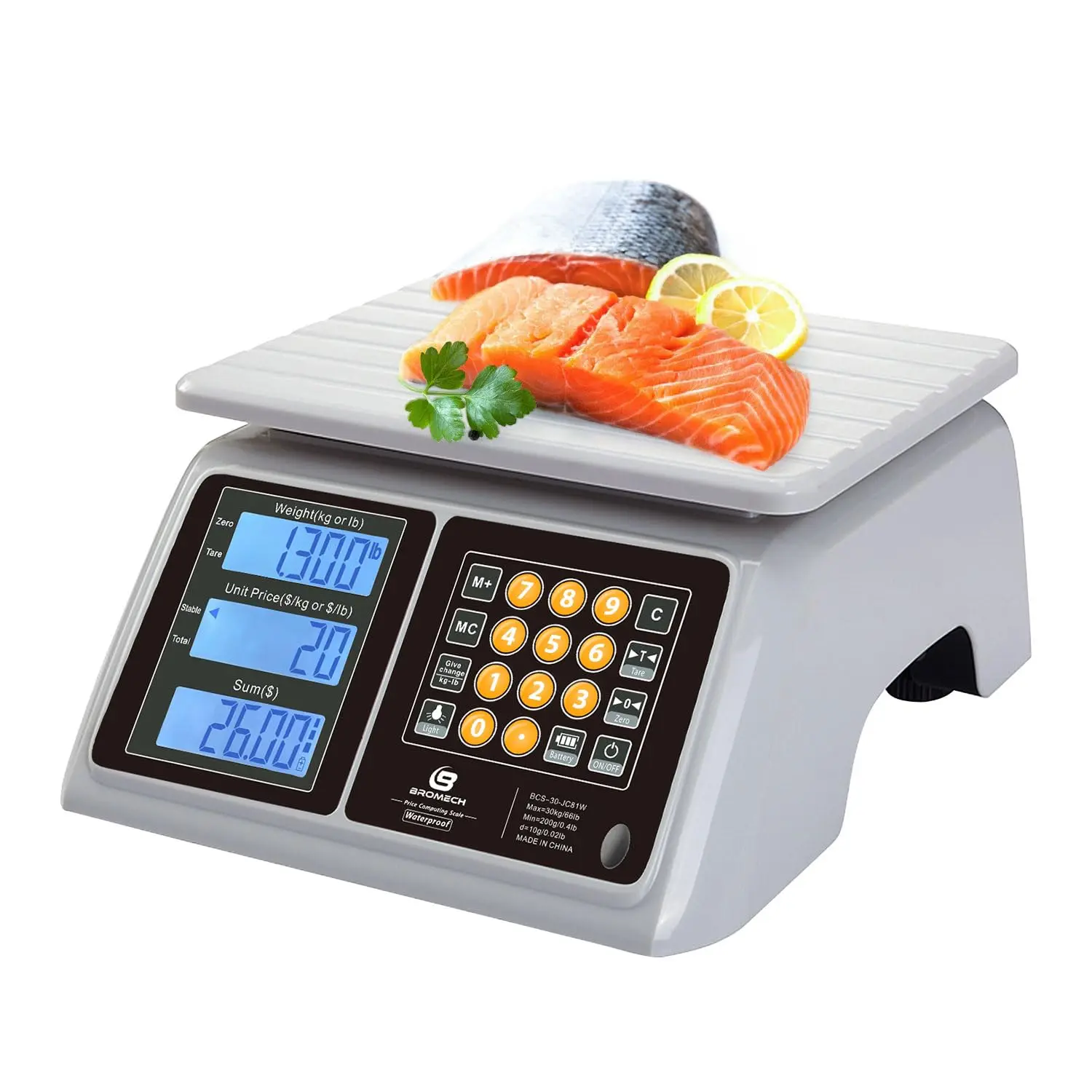 Waterproof Commercial Food Scale 66lb with Price Computing - Digital Rechargeable for Meat, Seafood, Produce at Markets