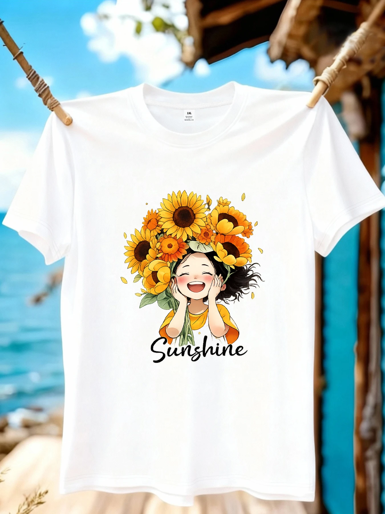 

【WZM10883】Sunflower girl print plus size women's round neck summer casual short sleeved street fashion versatile T-shirt