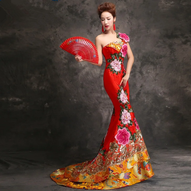 

Traditional Red Bride Chinese Style Embroidery Mermaid Tailing Wedding Cheongsam Long Evening Dress Qipao Dresses Robe Chinoise