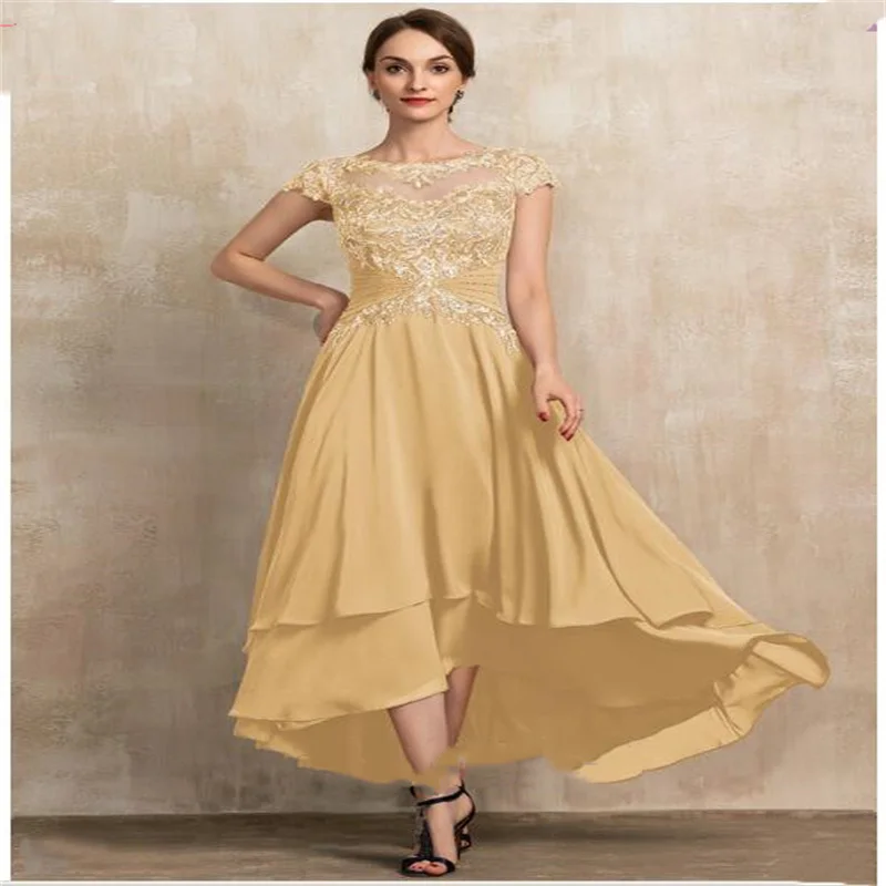 

Champagne A-Line Scoop Neck Asymmetrical Chiffon Lace Mother of the Bride Dress With Beading