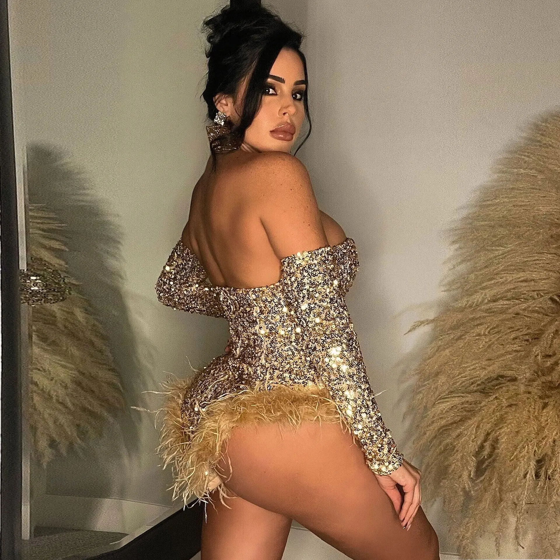 Sexy Bodysuit for Women Plunge Deep V Neck Sequined Off Shoulder Long Sleeve Hem Faeathers Jumpsuit 2023 Party Evening Clubwear