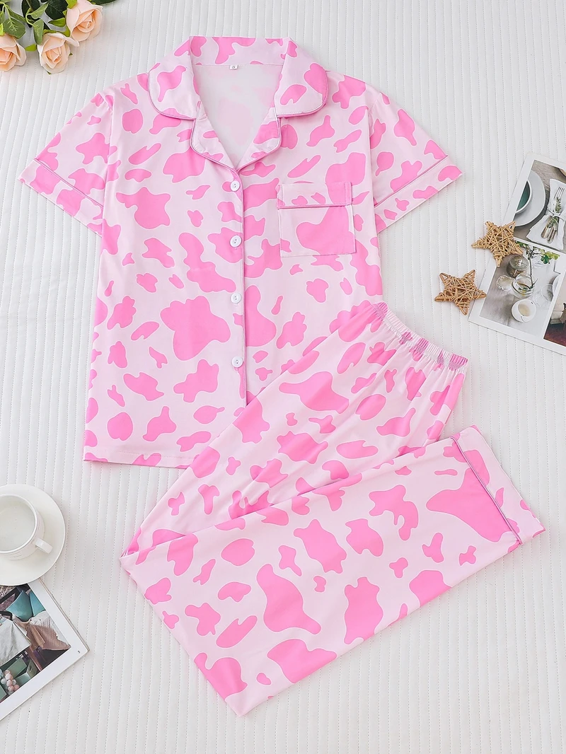 

Повседневный пижамный комплект с принтом молочной коровы, топ с короткими рукавами и длинные брюки, удобная свободная посадка, женская уютная одежда для сна, ночное белье