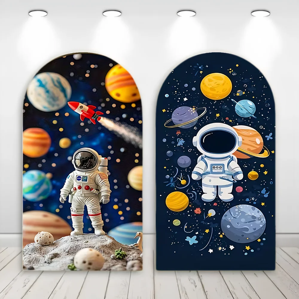 

Outer Space Baby Shower Arch Backdrop Cover Houston We Have A Boy Background Blue Astronaut Rocket Galaxy Planets Party Decor