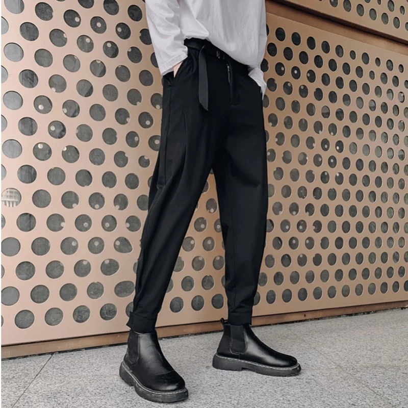 Spring Summer Men Harem Pants with Belt Fashion Tapered Ankle-length Bottoms Elastic Waist Casual Suit Black Gray