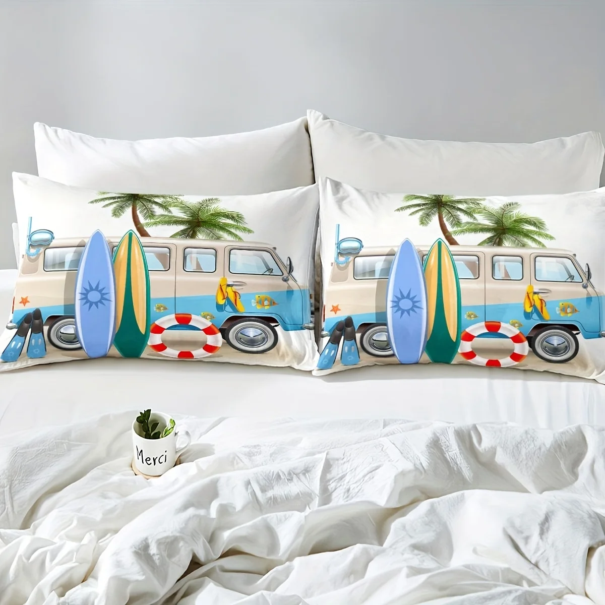 2/3pcs Camping Duvet Cover Set Bus Surfboard Palm Tree Bedding For Bedroom Bedding Set With 1 Duvet Cover And 1/2 Pillowcase