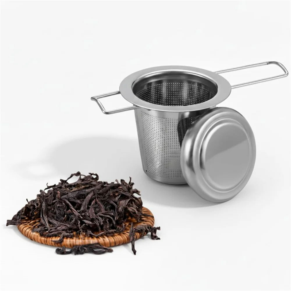 1pc extra fino de aço inoxidável chá infusor filtros para folhas soltas, folhas soltas chá mais íngreme/cesta anti-queimadura dreno de chá com tampa