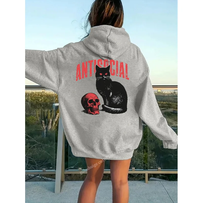Damen Gothic Streetwear Hoodie mit weißem Katzen-Schädel-Grafikdruck, Outdoor-Freizeitkleidung für den Herbst, 1 Stück