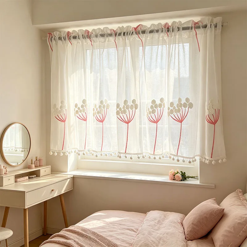 1pc Pastel Pink Dandelion Embroidered Half Sheer Curtain with White Pom Pom Fringe