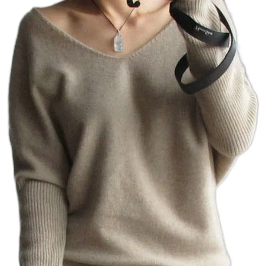 Spring autumn  sweaters women fashion sexy v-neck pullover loose 100% wool batwing sleeve knitted tops