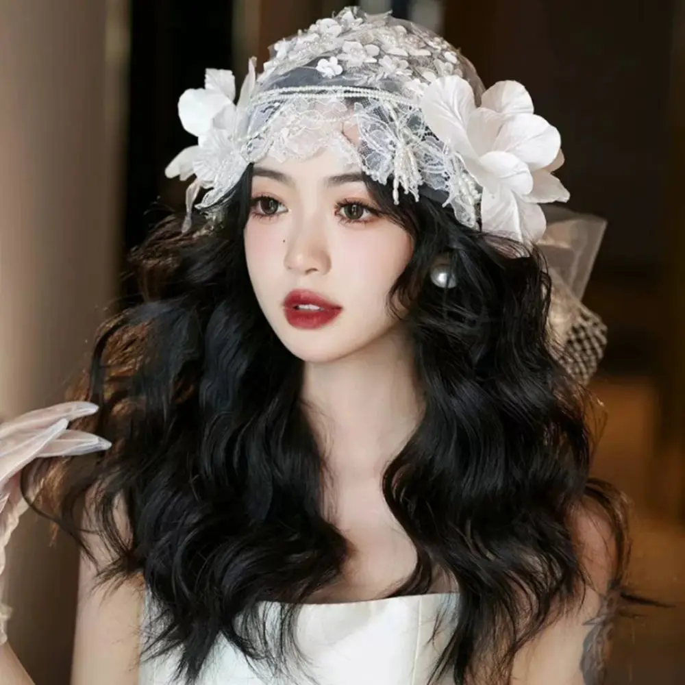 

Retro Lace Floral Bridal Hat Pearls Beads Tulle Bride Headdress White Luxury Wedding Headwear Headpieces