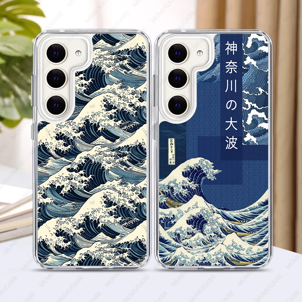 2 in 1 PC + TPU 전화 케이스 삼성 갤럭시 S24 S23 울트라 S24FE A15 A34 A35 A53 A54 A55 충격 방지 커버 일본 파도 아트