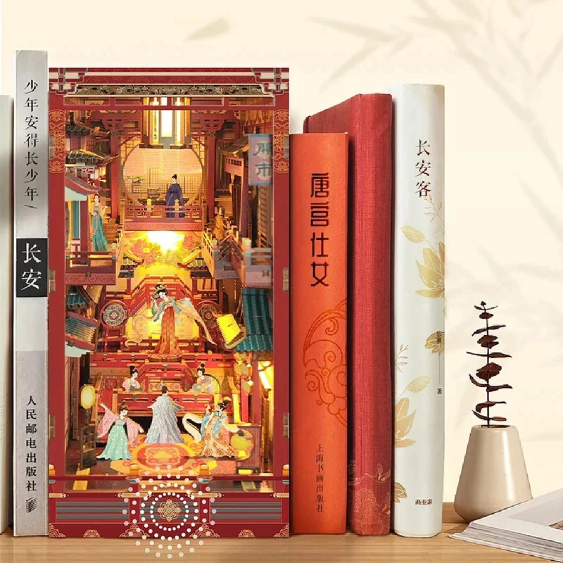 3D Puzzle with LED Light DIY Tang Dynasty Miniature Book Nook Kit Wooden Chinese Traditional City View Home Office Decor