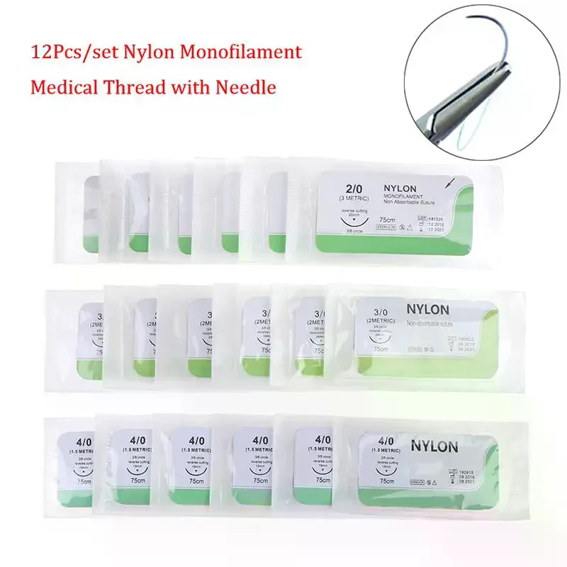 Surgical Practice Nylon Suture Thread Kit 2.0 3.0 4.0 12PCS Sterile Needle for Medical Training Laboratory