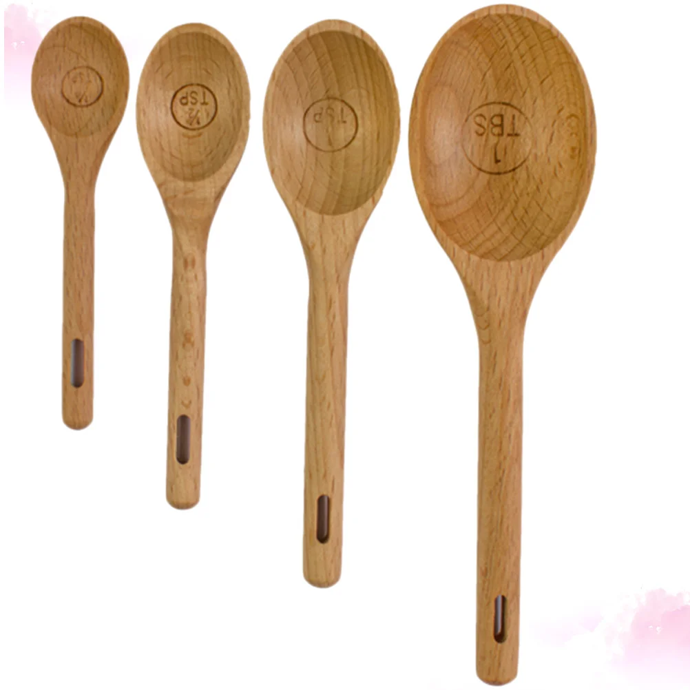 

4pcs Measuring Spoon Set Beechwood Graduated Scoop For Coffee Sugar Baking Kitchen Utensils Fluid Solid Powder Millilitre Mixing